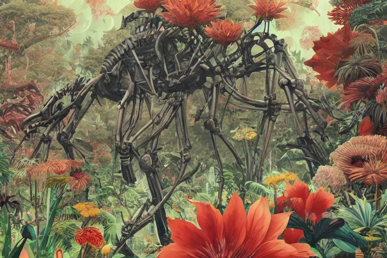 Image similar to 2 d gouache illustration, a lot of exotic vegetation, trees, tremendous skeletal robotic ancient gigantic cat, flowers, oldschool vintage sci - fi flat surreal design, super - detailed, painting by satoshi kon, hd, 4 k, high quality