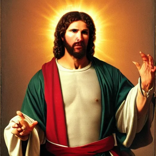 Prompt: Portrait of Will Ferrell as Jesus, heavenly vision, Jacques-Louis David, Musée du Louvre