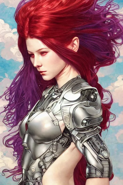 Image similar to pale woman with red hair in sci - fi armor with purple accents, bionic armor, stoic, powerful, by artgerm and yoshitaka amano and moebius and alphonse mucha, hyperdetailed, dc comics, ornate, nebula, explosions in the sky, trending on artstation