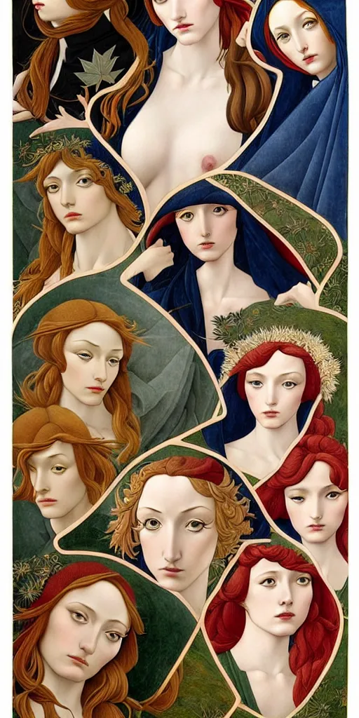 Image similar to the 12 months of the year as 12 figures, (3 are Winter, 3 are Spring, 3 are Summer and 3 are Autumn), in a mixed style of Botticelli and Æon Flux!!, inspired by pre-raphaelite paintings and shoujo manga, stunningly detailed, stunning inking lines, flat colors, 4K photorealistic