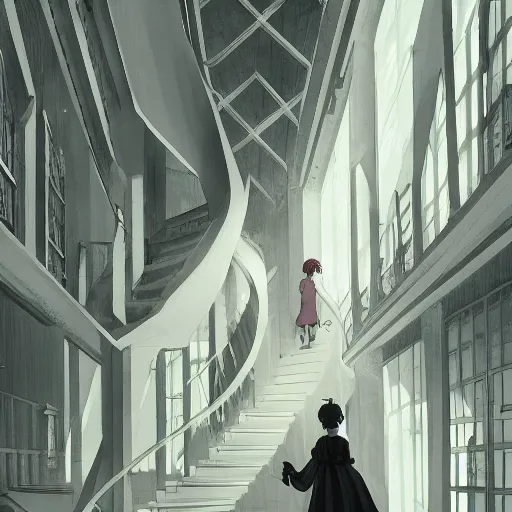 Image similar to a creepy woman walking through a bright white staircase with many doors and hallways, mc escher architecture, very detailed background, epic composition, anime key visual, anime style, by makoto shinkai