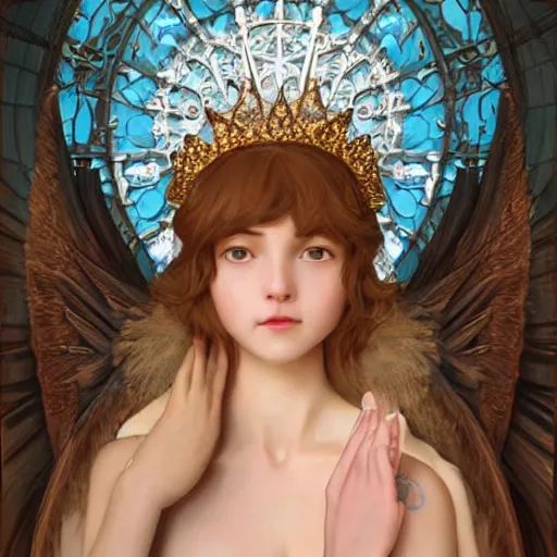 Image similar to Sitting angel girl that holding crown in hands, highly detailed, digital painting, artstation, concept art, smooth, sharp focus, illustration, ArtStation, Daz Studio, art by artgerm and greg rutkowski and alphonse mucha and J. C. Leyendecker and Edmund Blair Leighton and Katsuhiro Otomo and Geof Darrow and Phil hale and Ashley wood and Ilya repin and Charlie Bowate