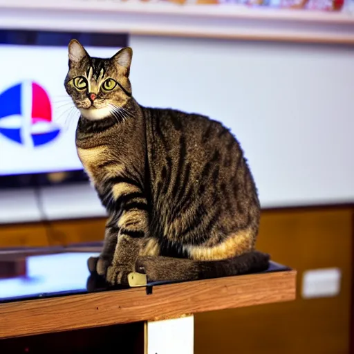 Prompt: cat sitting over a podium addressing india, ani, sony a 7 r