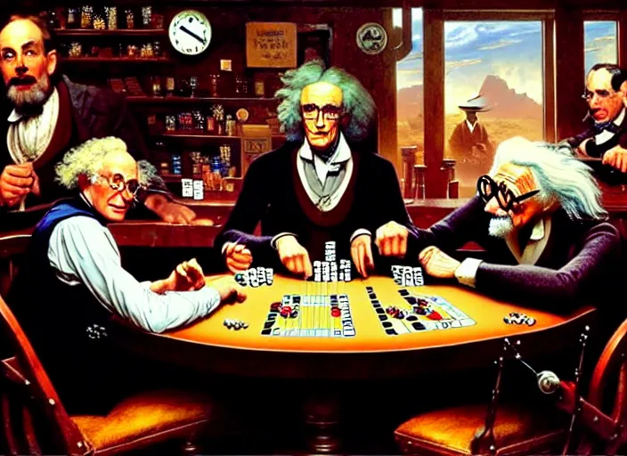 Prompt: isaac newton and stephen hawkins and asimov and albert einstein playing poker in an old west saloon, centered, digital painting, artstation, concept art, smooth, illustration, art by james gurney and norman rockwell and greg rutkowski