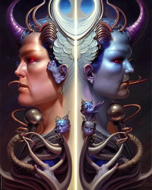 Image similar to beautiful gemini good and evil fantasy character portrait, ultra realistic, wide angle, intricate details, the fifth element artifacts, highly detailed by peter mohrbacher, hajime sorayama, wayne barlowe, boris vallejo, aaron horkey, gaston bussiere, craig mullins