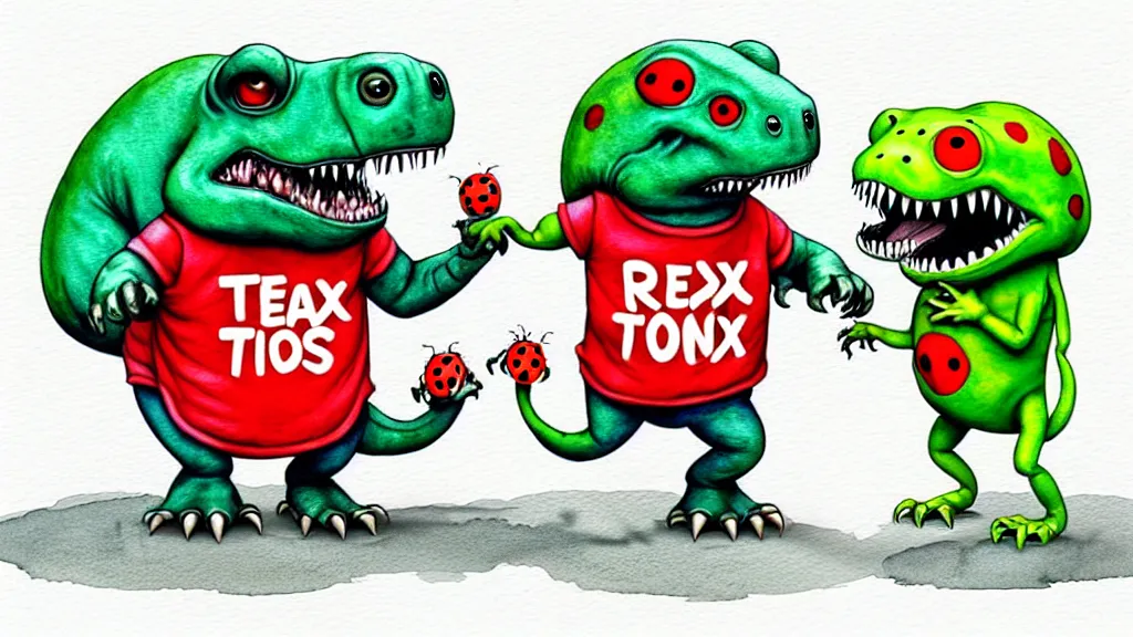 Image similar to cute and funny, t - rex wearing a t - shirt holding hands with a ladybug, autumn, ratfink style by ed roth, centered award winning watercolor pen illustration, isometric illustration by chihiro iwasaki, edited by range murata, tiny details by artgerm and watercolor girl, symmetrically isometrically centered