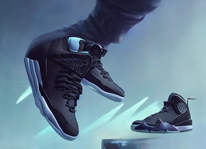 Prompt: air jordan basketball sneaker from the year 2 0 9 9, precious metals and recycled material, future techwear, cinematic digital painting, artstation, dramatic product shot, smooth, sharp focus, fantasy art by greg rutkowski, loish, rhads, ferdinand knab, makoto shinkai, ilya kuvshinov, rossdraws