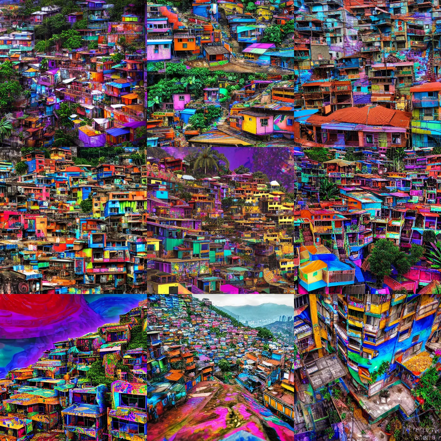 Prompt: beautiful psychedelic favela, DMT environment, hyperrealistic, photorealistic, extreme detail, Canon DSLR, documentary