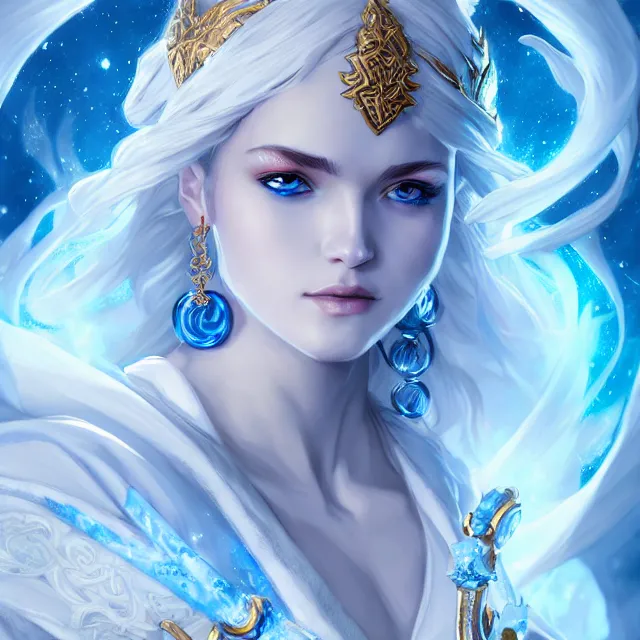 Image similar to beautiful elemental sky witch with ornate white and blue robes and staff, highly detailed, 4 k, hdr, smooth, sharp focus, high resolution, award - winning photo, artgerm, photorealistic