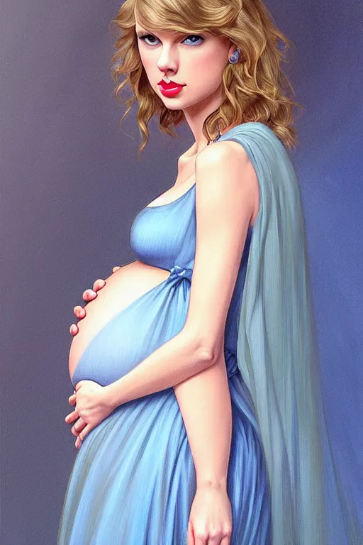 Prompt: pregnant taylor swift in a blue dress, realistic portrait, symmetrical, highly detailed, digital painting, artstation, concept art, smooth, sharp focus, illustration, cinematic lighting, art by artgerm and greg rutkowski and alphonse mucha