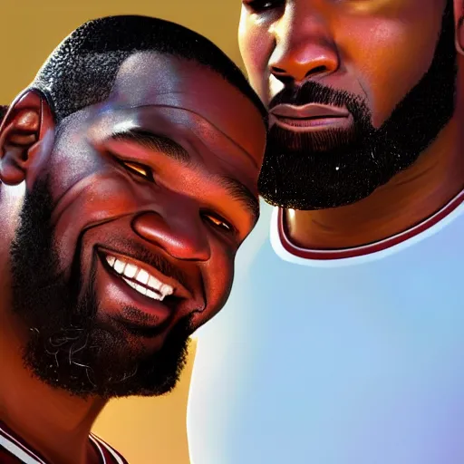 Image similar to beautiful serene intricate portrait of kevin durant and lebron james taking a selfie, smiling softly, relaxing on the beach, golden hour, soft focus, 8 k, art by irakli nadar, hyperrealism, hyperdetailed, ultra realistic