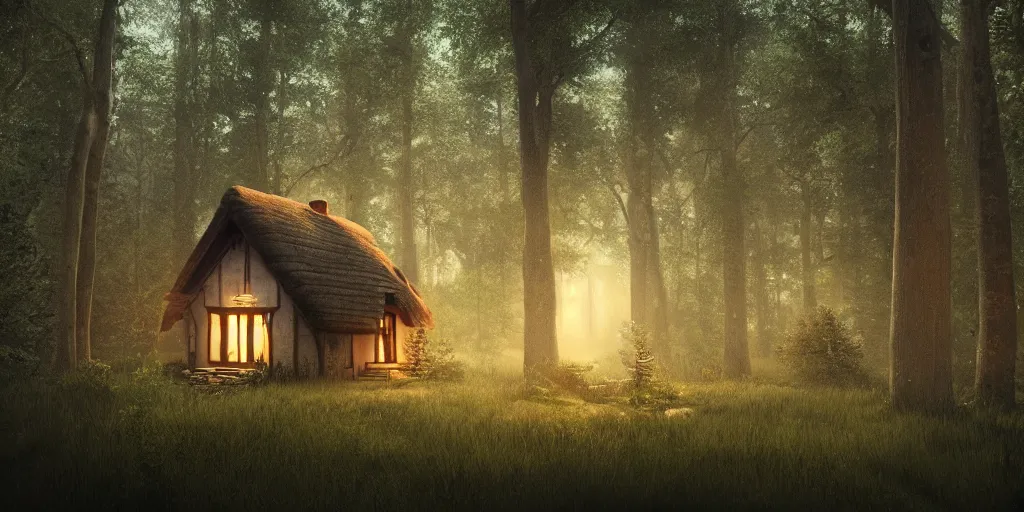 Prompt: one cottage in the woods , fantasy, hyper realistic, dramatic lighting, 4k