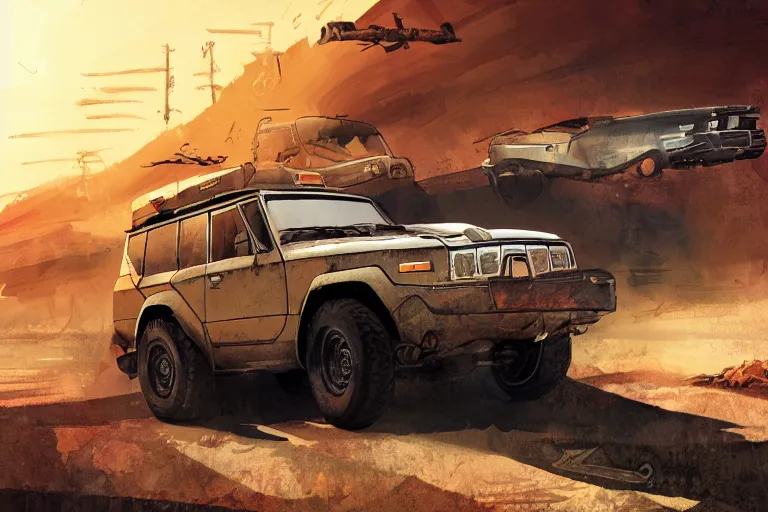 Prompt: digital illustration of mad max's land cruiser pursuit special, the last v 8 interceptor by makoto shinkai, ilya kuvshinov, lois van baarle, rossdraws, basquiat