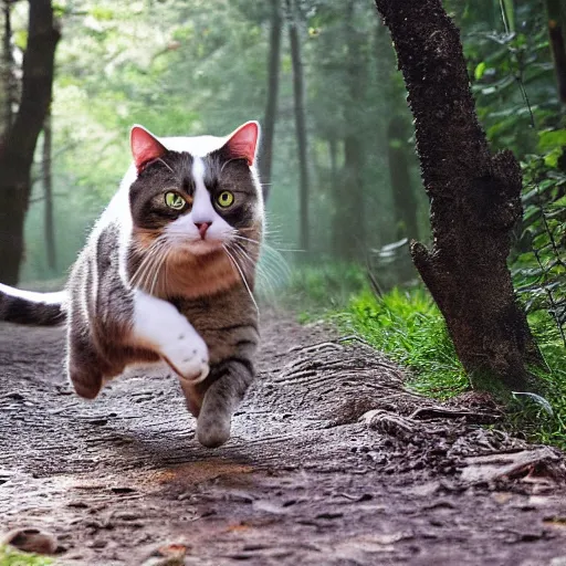 Image similar to a cat with the face of a dog, running in the woods, photo