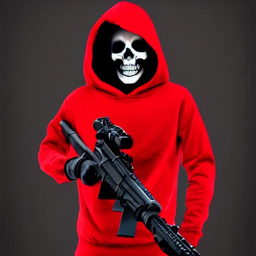 Image similar to a skeleton in a red hoodie with a rifle ultrarealism