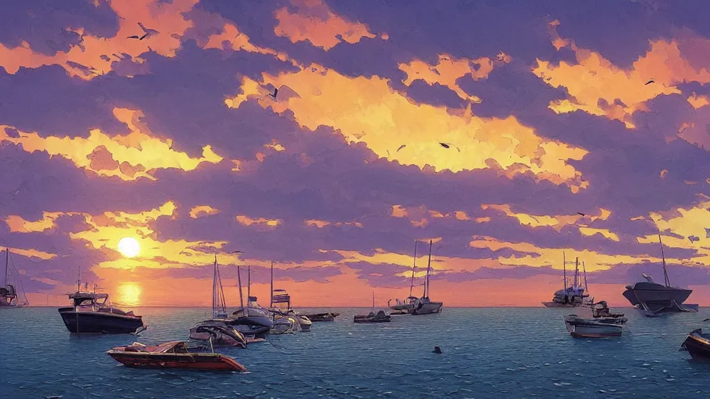 Image similar to sunset at Lahaina Maui, some boats, a few birds in the sky, sharp focus, illustration, paisible night lighting, incredible art by artgerm and greg rutkowski and alphonse mucha and simon stalenhag