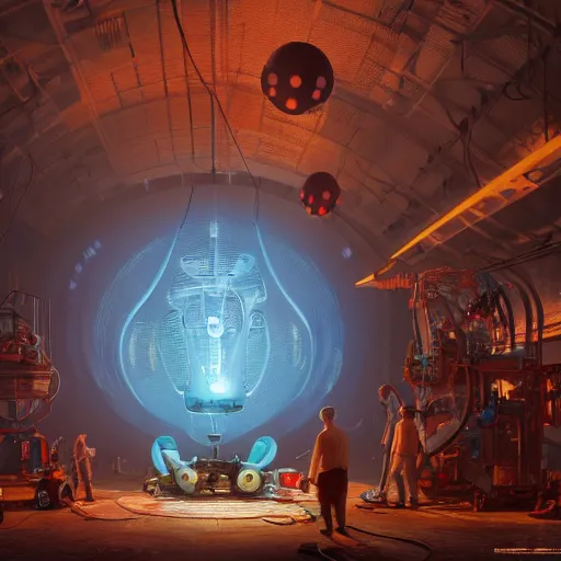 Image similar to photorender of mechanics working on big mickey mouse head, low light, glowing red light behind, highly detailed 4 k intricate art, unreal engine, concept art, digital art, beeple, cgsociety, octane render, realistic, sharp focus, smooth, greg rutkowski, alphonse mucha