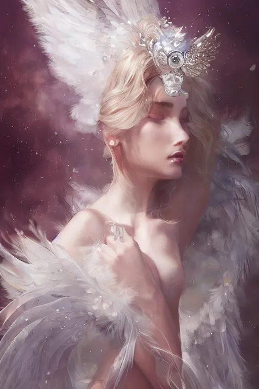 Prompt: beautiful model wearing crystal white feathers, diamonds, angel, fantasy, dramatic lighting, highly detailed, digital painting, holding ice, magic the gathering, hyper detailed, 3 d render, hyper realistic detailed portrait, peter mohrbacher, wlop, ruan jia