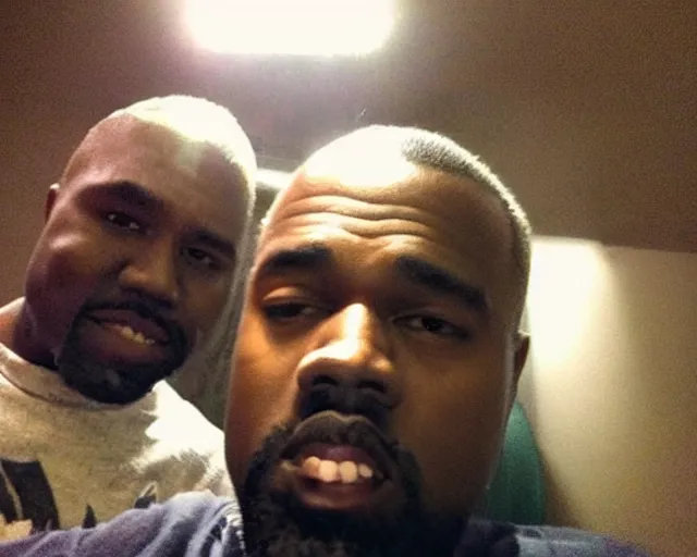 Image similar to my uncle that look like Kanye West if he was poor asf accidentally taking a selfie, front camera, camera flash is so bright in his face, viral, selfie, viral on twitter, viral on instagram, viral photo