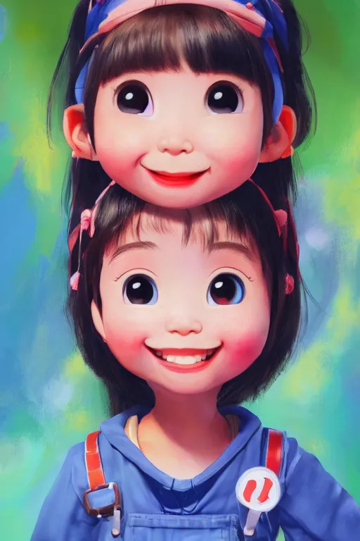 Prompt: a painting of cute Asian girl smiling, plastic overalls, in the style of Pixar animation, low angle view, 16mm lens, award winning, hyper detailed, dramatic lighting, artstation, octane renderer, unreal engine