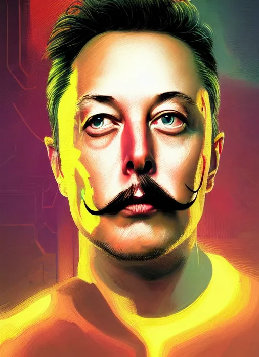 Prompt: symmetry!! portrait of elon musk with a salvador dali moustache intricate, neon lights, highly detailed, digital painting, artstation, concept art, smooth, sharp focus, illustration, art by artgerm and greg rutkowski