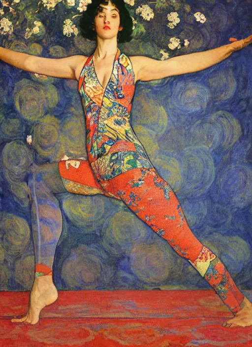 Image similar to an art nouveau painting poster of a girl doing yoga with a futuristic kimono and leggins in middle of a landscape by norman rockwell and monet