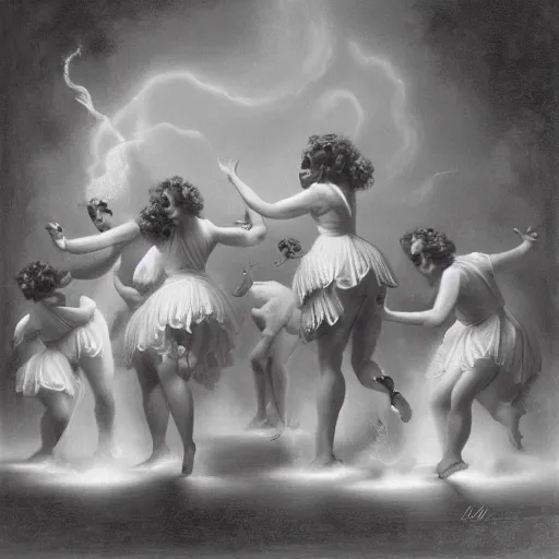 Prompt: a group of women dressed in Ronald McDonald costumes dancing around a boiling cauldron by Luis Ricardo Falero