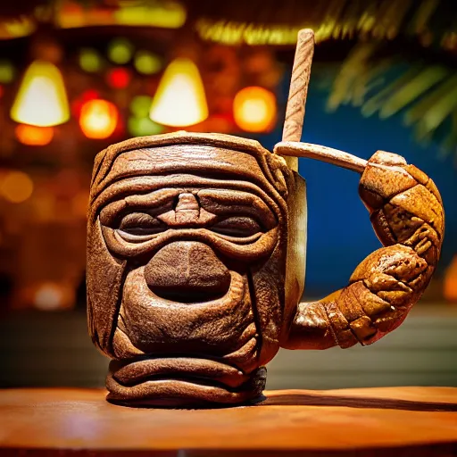 Image similar to a closeup photorealistic photograph of ben grimm's face on a tiki mug at trader vic's beach bar. fantastic four. tiki culture. bright scene. fine detail. this 4 k hd image is trending on artstation, featured on behance, well - rendered, extra crisp, features intricate detail, epic composition and the style of unreal engine.