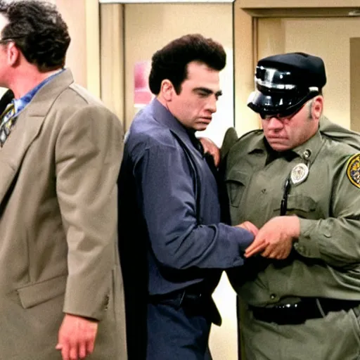 Image similar to George Costanza being arrested by Kramer on an episode of Seinfeld