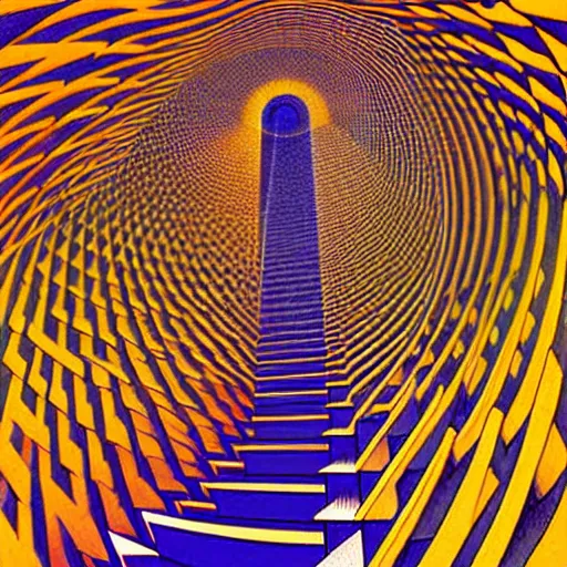 Prompt: crystal spiral stairways beyond possibility of imagining, many doors, inhabited on many levels, by Maurits Cornelis Escher, by jean giraud, shining light, clear geometry, architecture, Award winning. Masterpiece, detailed illustration