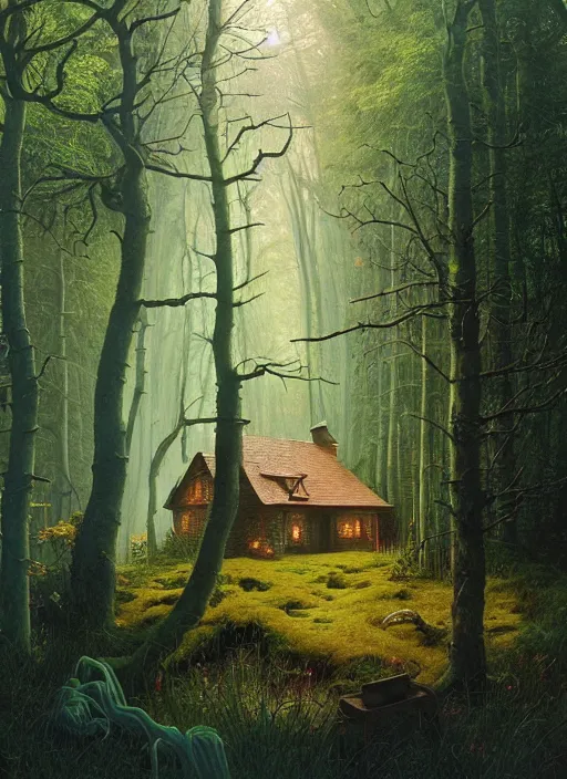 Image similar to hyper realistic witch cottage with mood lighting and technology in the woods gorgeous lighting, sunbeams blue sky, highly detailed, lush forest foliage painting by zdzisław beksinski and norman rockwell and greg rutkowski weta studio, and lucasfilm