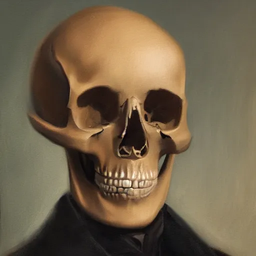 Image similar to a portrait painting of a man with a skull as his head, in the style of stephen gibb, 4 k,