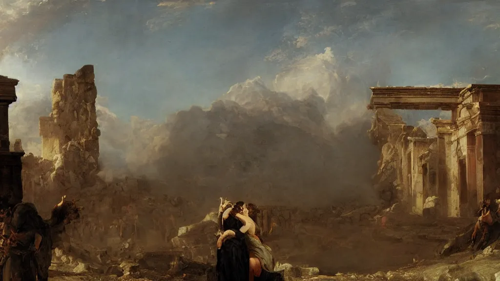 Prompt: a man and his wife embracing during the eruption of pompeii by thomas cole, behance, 8k featured in artstation, cinematic,, sharp focus, very detailed, volumentric lighting