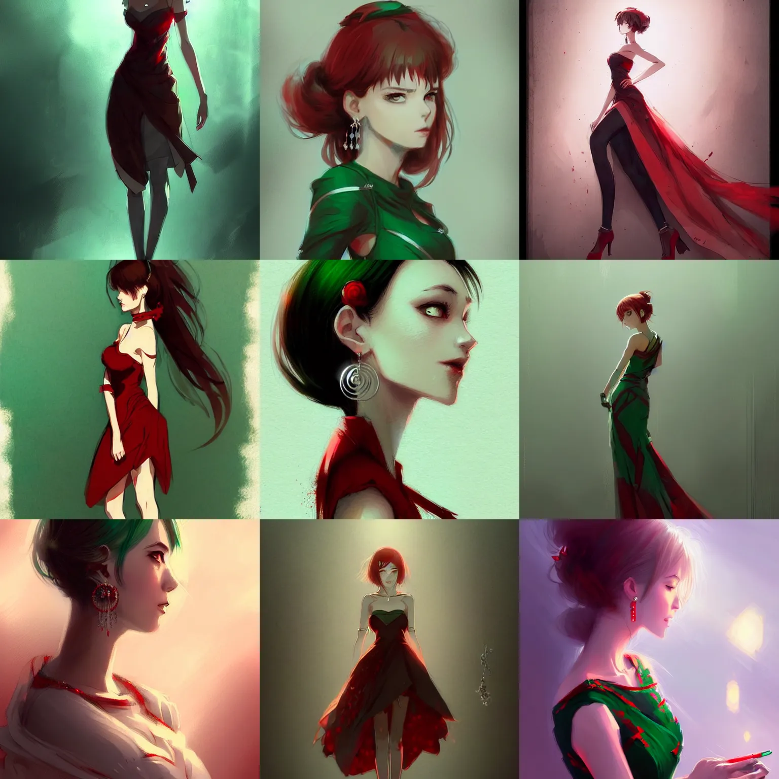 Prompt: gorgeous woman with silver earrings, wearing an elegant dress, full body drawing, red and green colors, in the style of greg rutkowski, anime artstyle, intricate