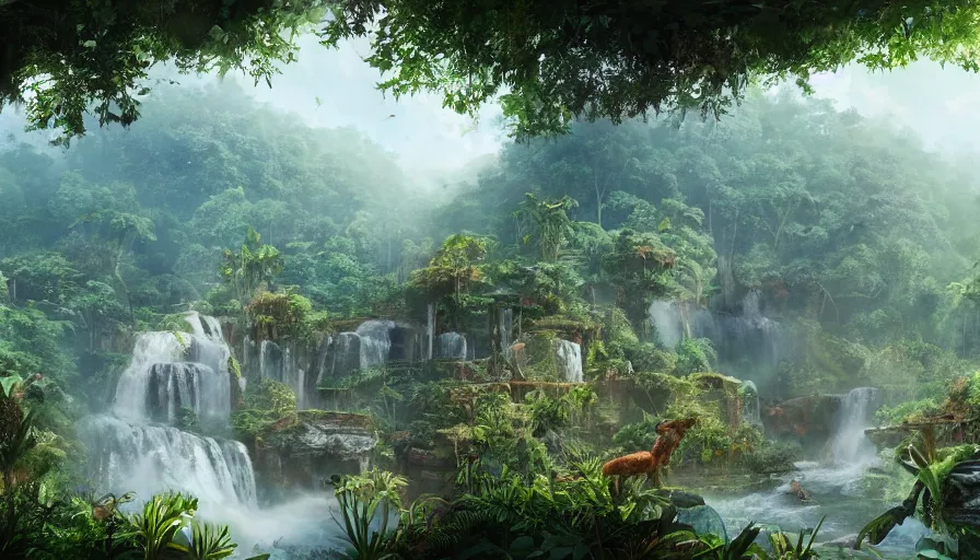 Image similar to abandoned zoo covered by vegeration in the heart of the jungle, sunny morning, mountains and waterfalls, light fog, hyperdetailed, artstation, cgsociety, 8 k