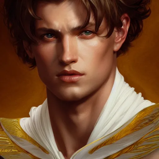 Image similar to up close portrait of a male angel, d & d, face, fantasy, intricate, elegant, highly detailed, digital painting, artstation, concept art, smooth, sharp focus, illustration, art by artgerm and greg rutkowski and alphonse mucha