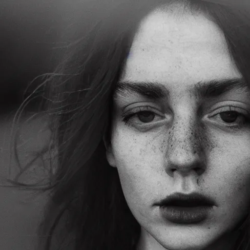 Prompt: award winning photo of some melancholy as antonioni would depict it, she is 2 3, she is beautiful, british journal of photography, photorealistic, closeup, black and white, insanely detailed, facial features details, foggy like in norwegian black metal aesthetic