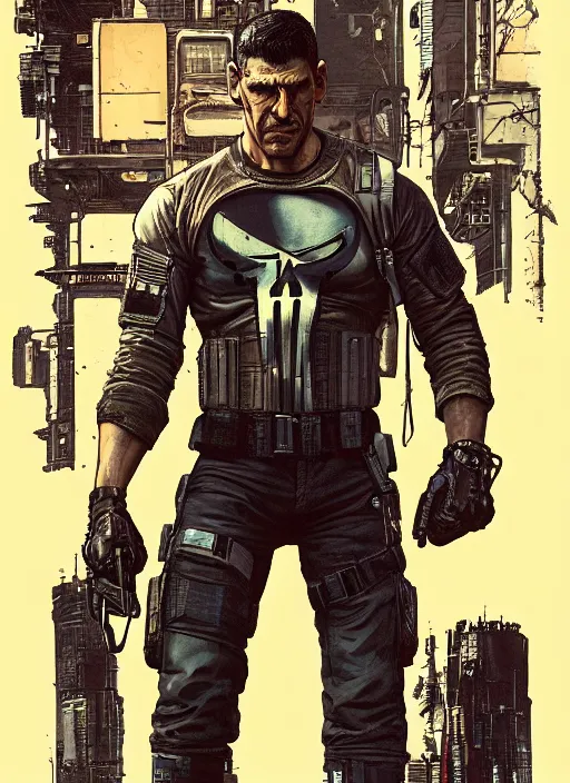 Image similar to the punisher. cyberpunk mercenary in tactical harness and jumpsuit. spin kick. portrait by stonehouse and mœbius and will eisner and gil elvgren and pixar. realistic proportions. dystopian. cyberpunk 2 0 7 7, apex, blade runner 2 0 4 9 concept art. cel shading. attractive face. thick lines.