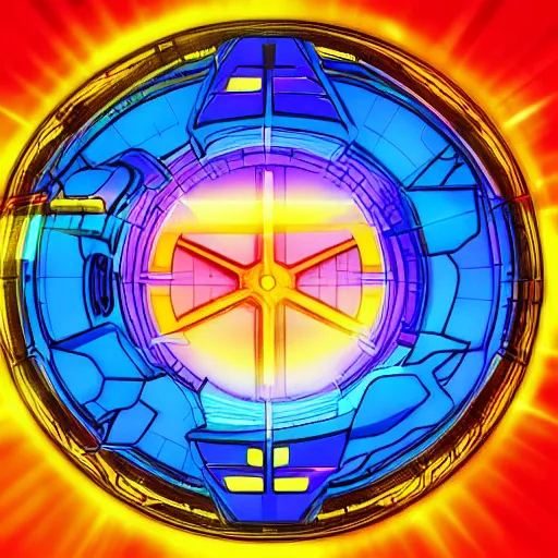 Prompt: alien spaceship perfectly centered in a futuristic data analysis card, high resolution, high contrast, colors: yellow, violet, blue, red, orange, volumetric light, Anime style, Akira style, mecha, insanely detailed symbols in the frame.