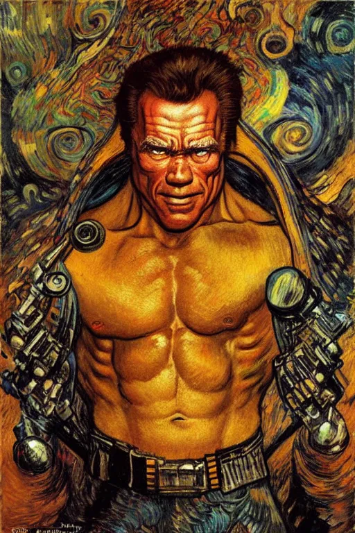 Prompt: character art the contra, bill rizer, arnold schwarzenegger, by karol bak, jean deville, gustav klimt, and vincent van gogh, trickster, enigma, destiny, inspiration, muse, otherworldly, arcane, spirals