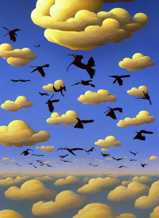 Prompt: a flock of ravens forming a cloud, vintage shapes, retro technology, happy colors. rob gonsalves, oil on canvas, deep depth field, masterpiece, cinematic composition, hyperdetailed