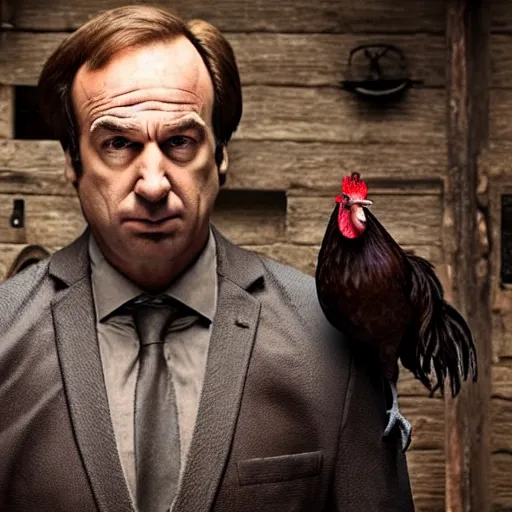 Image similar to saul goodman and a rooster in a medieval torture chamber, saw blades and knives in the background, horror movie, saul goodman face, rooster!!!!, real life photo, highly detailed face