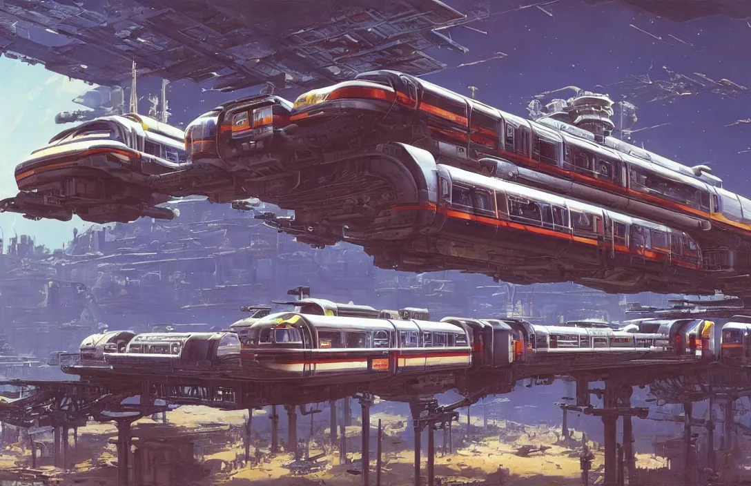 Image similar to a retro futurism elevated railway on colonized planet by robert mccall and john berkey | ralph mcquarrie :. 5 | unreal engine :. 3