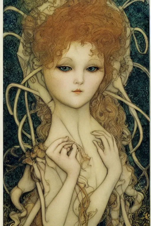 Image similar to portrait of a porcelain doll, illustration by Brian Froud and John Bauer, Art Nouveau composition