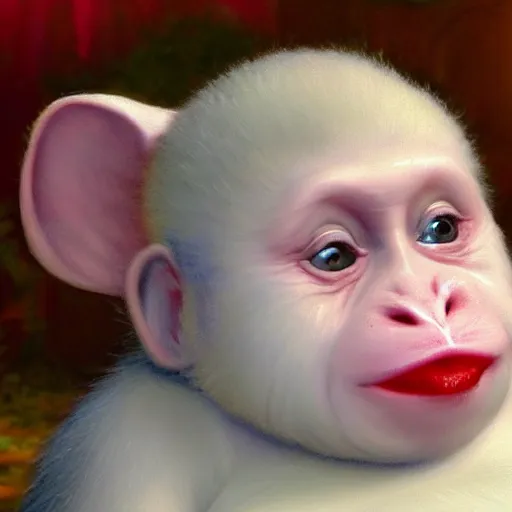 Image similar to magical scene. the sweet old very fat baby white monkey, red lips, blue eyes, is in love with her fancy beautiful colorful white fish. close up. clear face. subsurface scattering shiny skin. cinematic scene. glossy. highly detailed, color harmony, art station, ornate, caravaggio style. 3 d, beautiful lighting, old photography