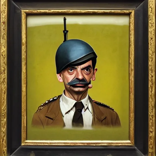 Prompt: A portrait of Mr. bean depicted as a soldier in world war two, renaissance oil painting by Salvador Dali