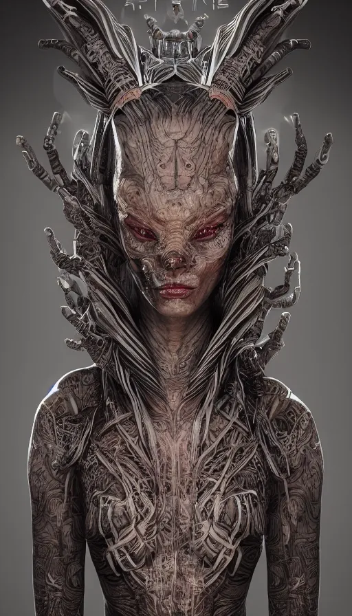 Prompt: full body portrait of alien woman, etched in arcane runes on her skin, hypermaximalist, insanely detailed and intricate, octane render, unreal engine, 8 k,