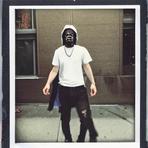 Prompt: a zombie walking through chicago wearing streetwear, polaroid photograph