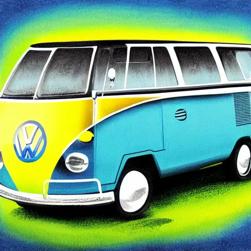 Prompt: illustration of an old van volkswagen, may 6 8, pastel colors, cool, hippie by malika favre