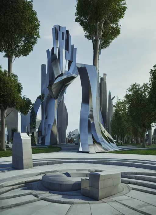 Image similar to highly detailed realistic architecture 3 d render of a futuristic stele monument in frank gehry style standing in city park, archdaily, made in unreal engine 4 octane render